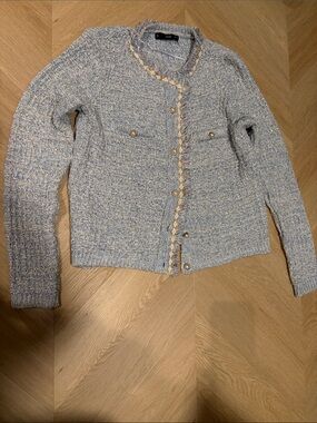 Mango Tweed-Style Knit Cardigan in Light Blue and Cream